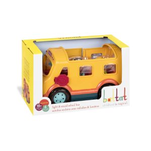 Bright yellow toy bus with red accents encourages imaginative play and motor skill development.
