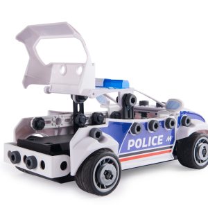 Creative toy police car with interlocking pieces, blue stripe, and functional lifting mechanism for imaginative play.