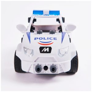 Sleek modern toy police car with blue light bar, POLICE lettering, and durable design for imaginative play.