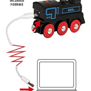 Charming rechargeable toy train with USB charging cable for modern playtime convenience.