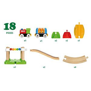 Colorful 18-piece toy train set for kids, fostering creative play and skill development.