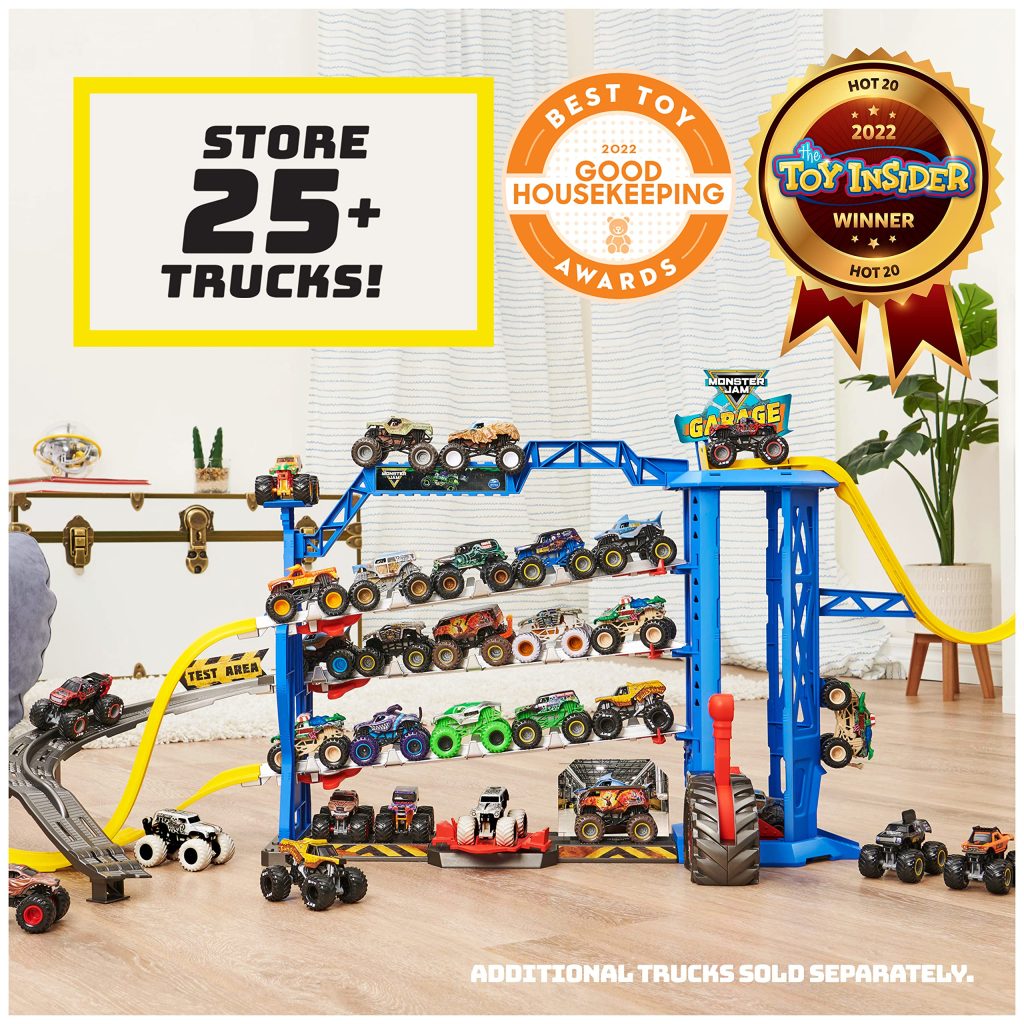 Colorful multi-level truck storage track for kids, holding 25+ trucks, promotes imaginative play.