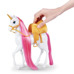 Interactive toy unicorn with golden saddle, glossy finish, and enchanting pink mane for imaginative play.