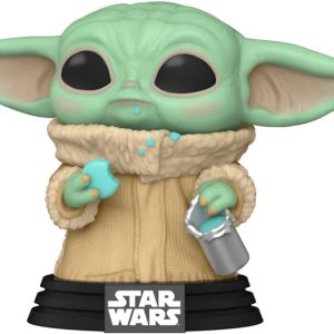Charming Grogu figure in cozy cloak, holding food and canister, an ideal Star Wars collectible.