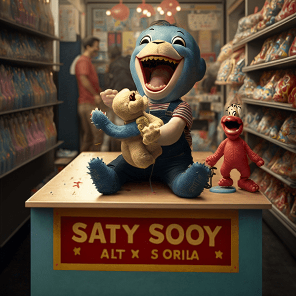 Cheerful blue creature holds a bear in a vibrant toy store filled with colorful toys.