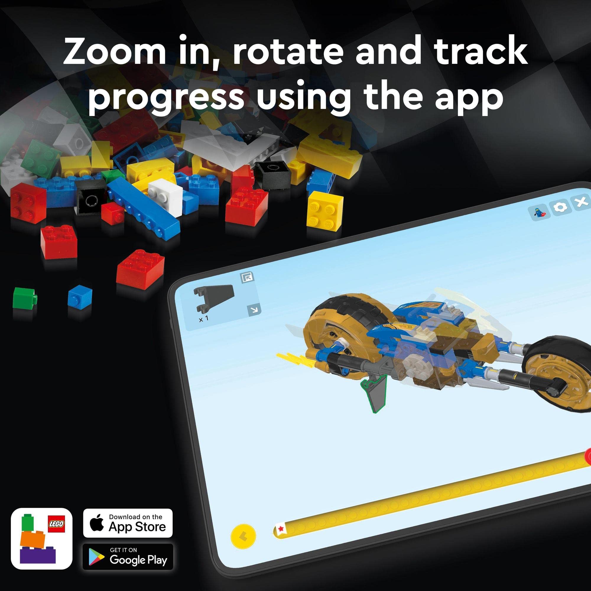 Vibrant building app showcasing a 3D motorbike made from colorful construction blocks.