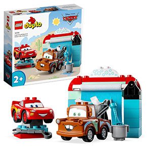 LEGO DUPLO Cars set featuring Lightning McQueen and Mater at a fun, colorful garage.