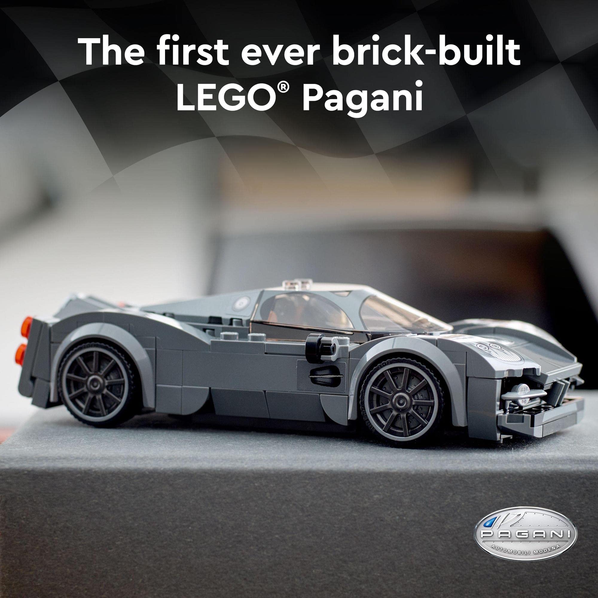 First-ever brick-built LEGO Pagani model showcasing detailed design and luxury car features.