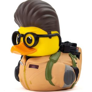 Whimsical Ghostbuster rubber duck collectible with fun design and quirky accessories.
