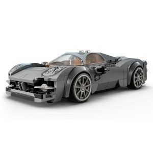 Glossy gray sports car model made from building blocks, featuring realistic details and sleek design.