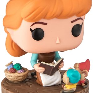 Funko Pop! figure of a young woman reading to colorful fairy-tale creatures on a wooden base.