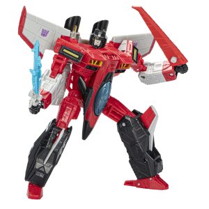 Battle-ready red and black robot action figure with intricate details and dynamic weaponry.