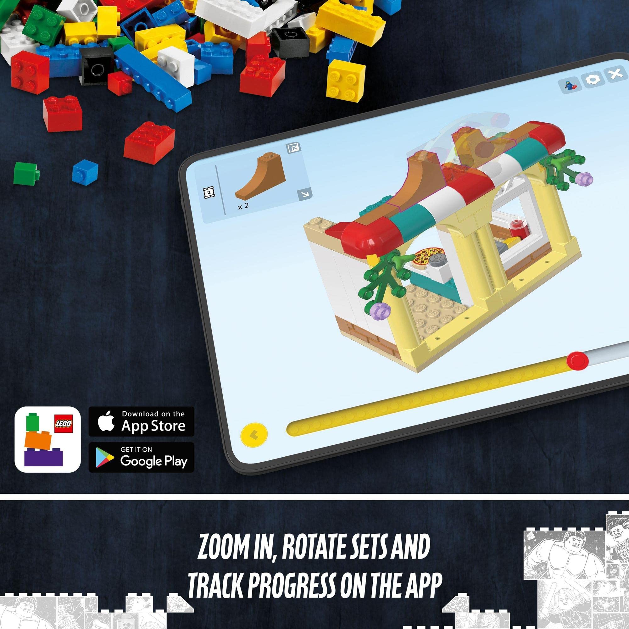 Colorful building blocks and a digital app inspire creative construction and interactive play.