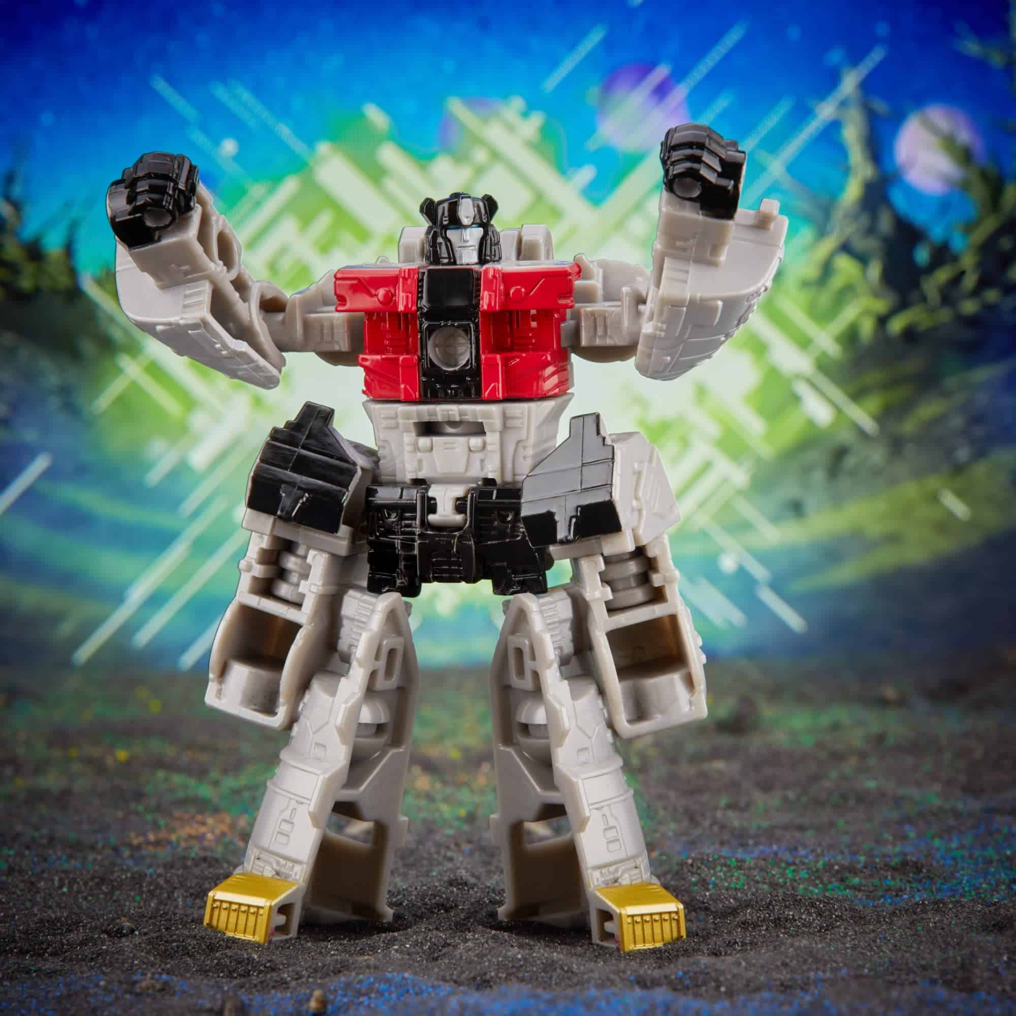 Vibrant robot action figure striking a dynamic pose against an energetic blue and green background.