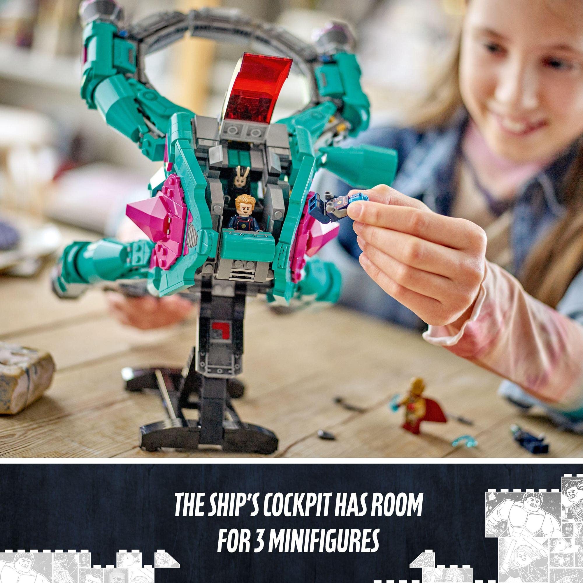 Joyful girl plays with a colorful toy spaceship, fostering creativity and imaginative role-play.