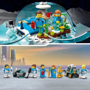 Futuristic LEGO habitat with blue-suited explorers in a sustainable dome and icy landscape.