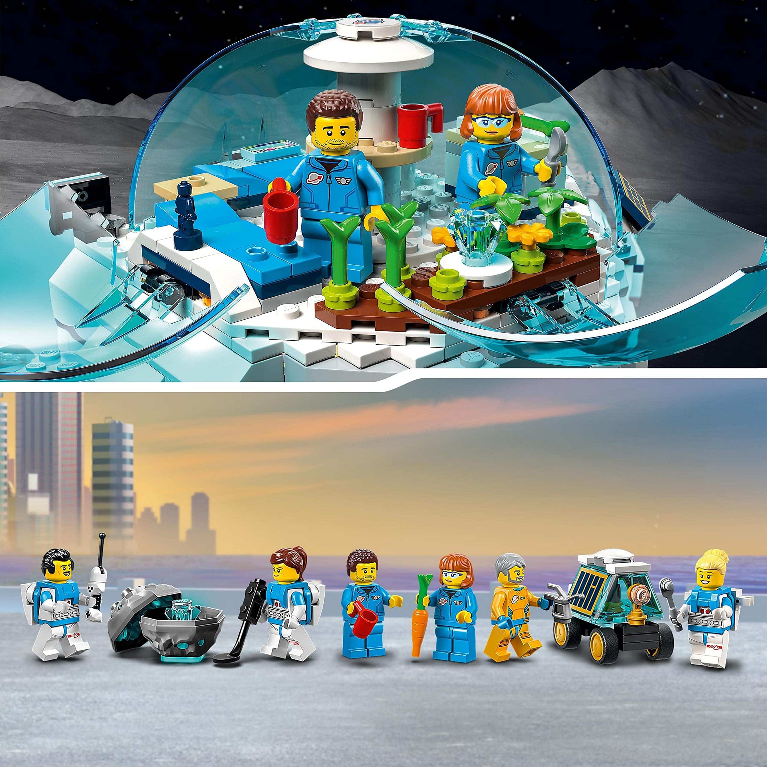 Futuristic LEGO habitat with blue-suited explorers in a sustainable dome and icy landscape.