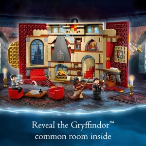 Vibrant Lego model of Gryffindor common room, featuring mini-figures and magical decor.