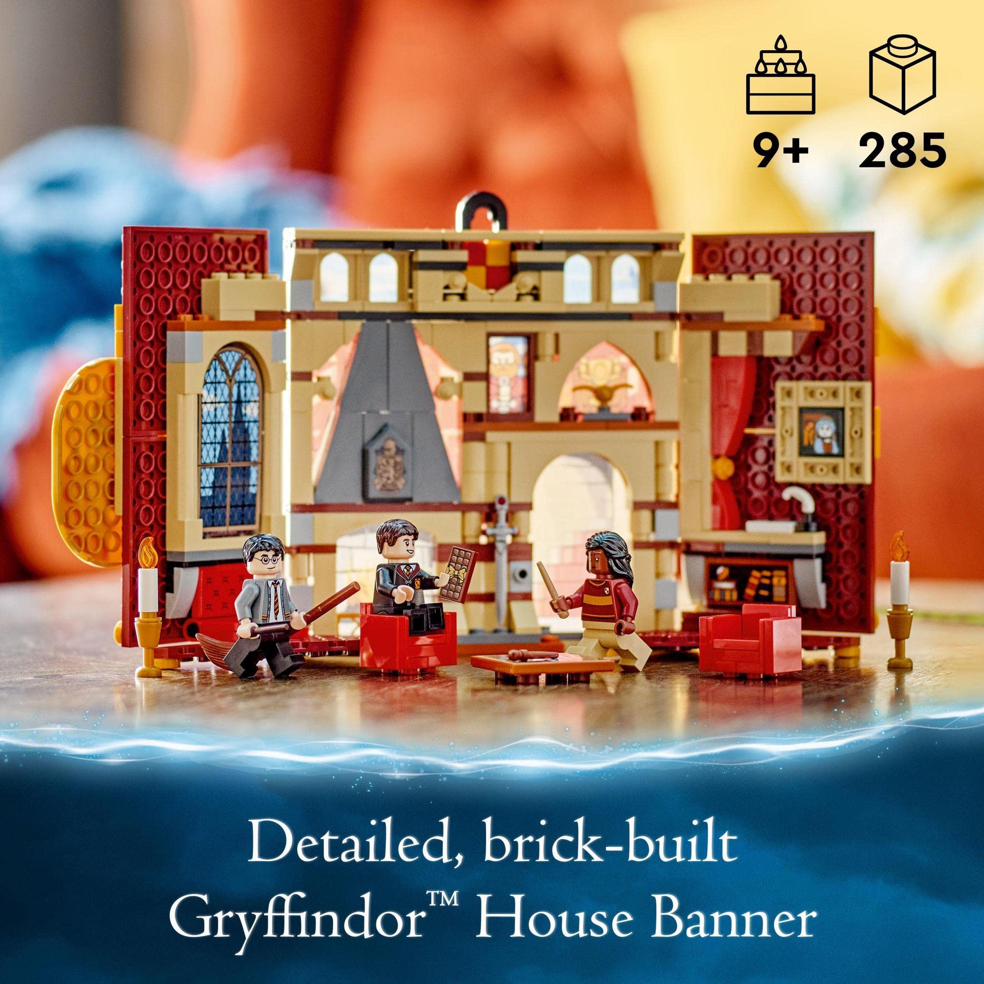 Gryffindor LEGO set with cozy common room, fireplace, and iconic minifigures for magical play.