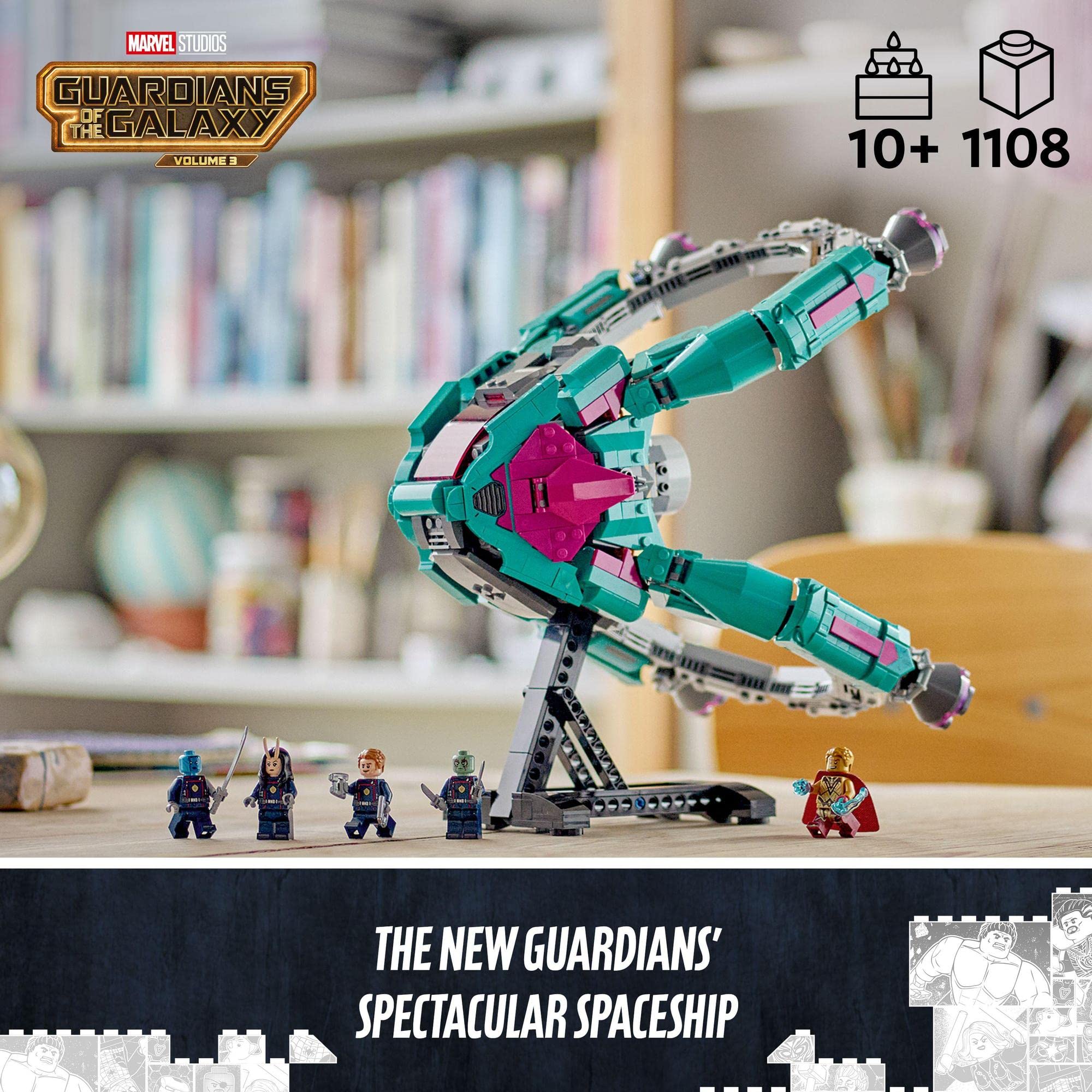 LEGO Guardians of the Galaxy Spaceship Set 1108 with display stand and minifigures.