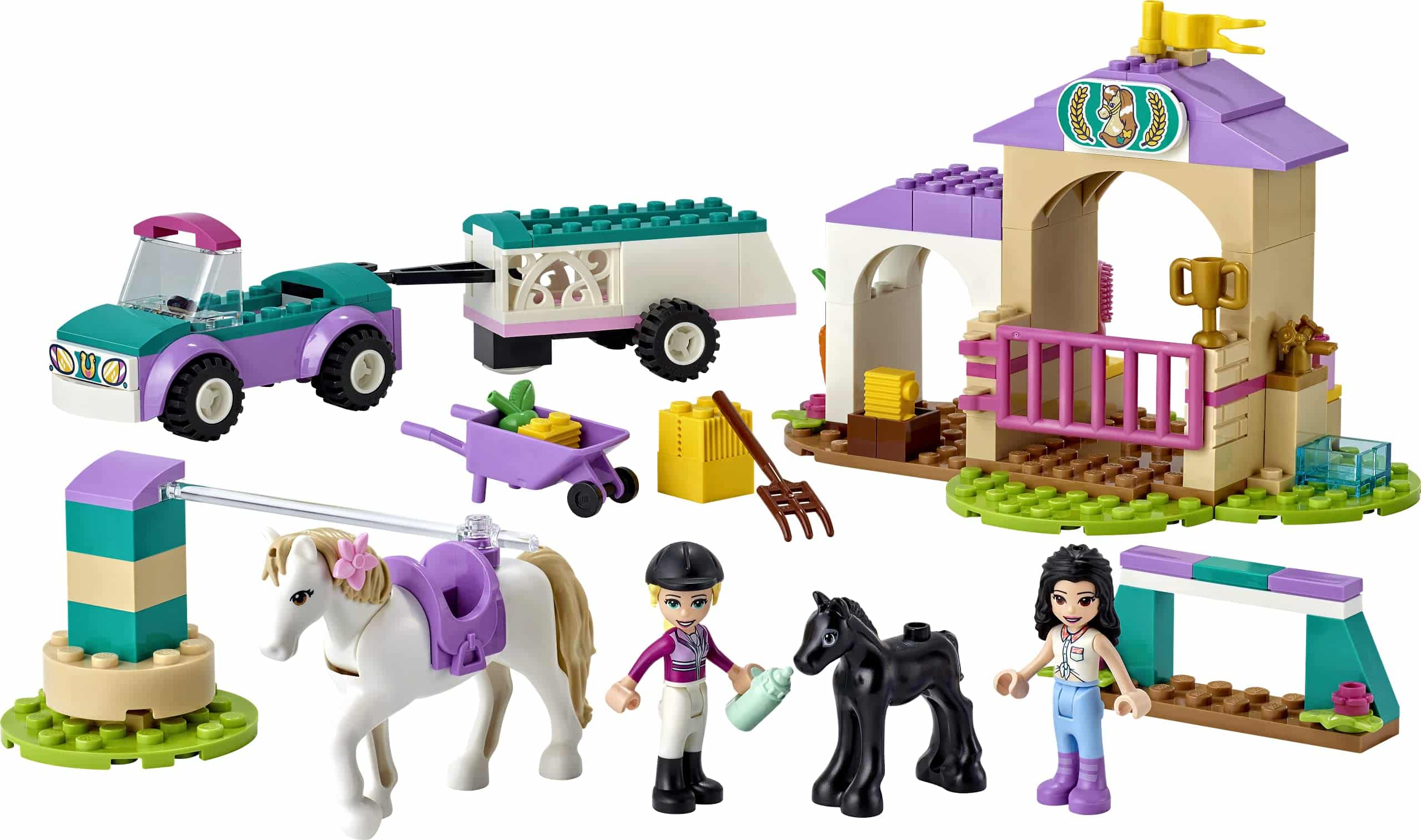 Colorful LEGO horse stable playset with figurines, horses, and vehicles for imaginative adventures.