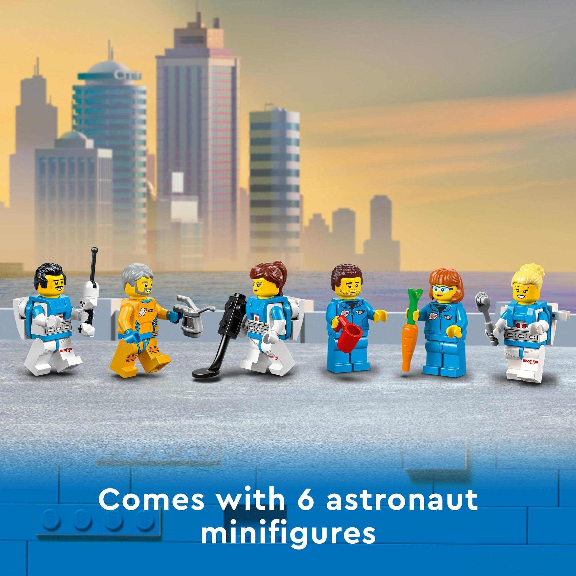 Playful LEGO astronauts in bright blue suits explore a vibrant futuristic cityscape.