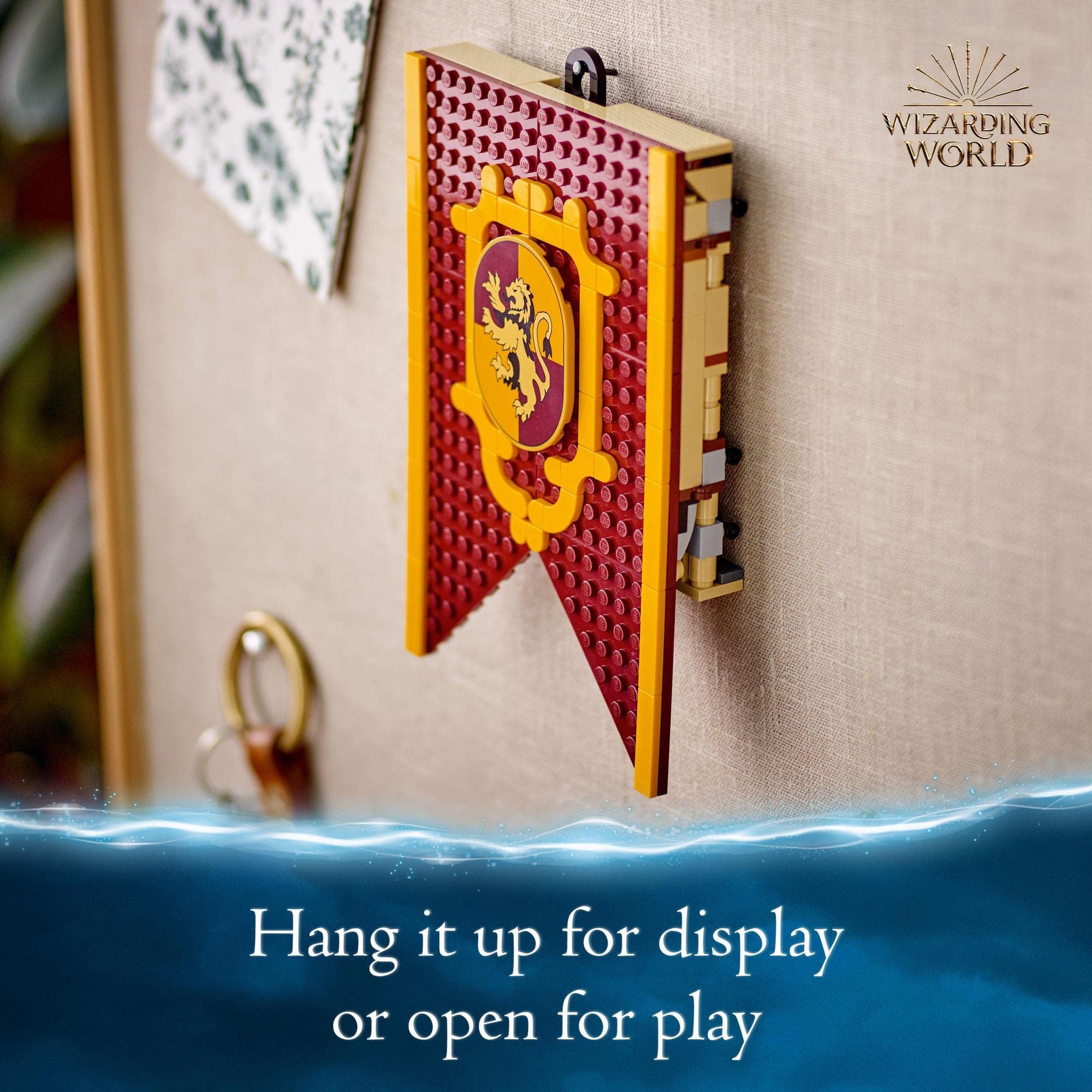 Vibrant lion banner for display, representing courage in the wizarding world; perfect for interactive play.