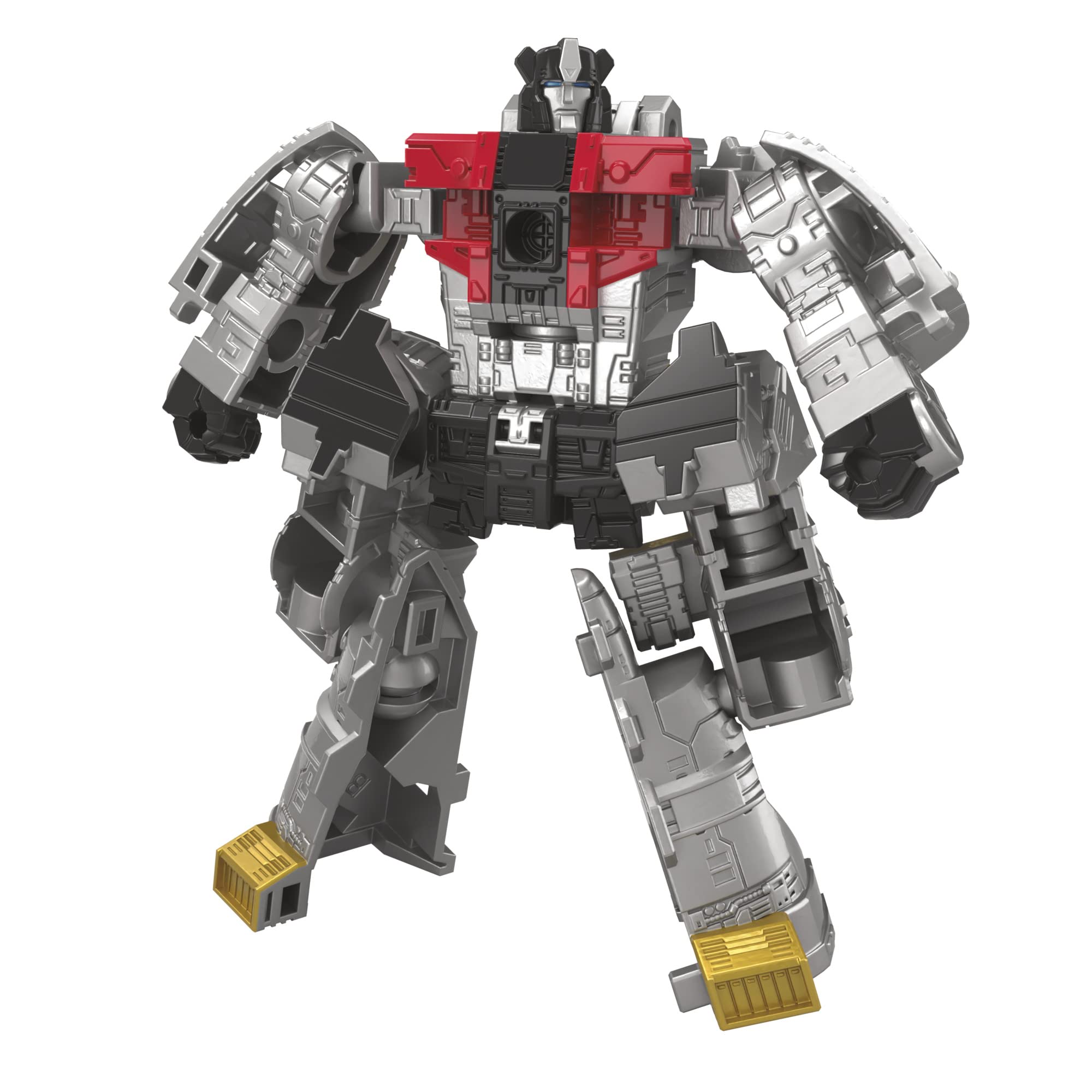 Muscular gray robot with red core and gold feet, showcasing advanced engineering and dynamic design.