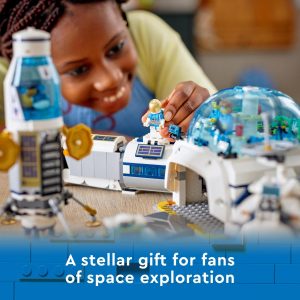 Young girl joyfully builds a colorful LEGO space station, sparking imagination and creativity.