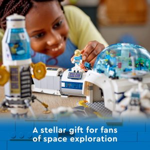 Young girl plays with vibrant LEGO Space Exploration set, inspiring creativity and curiosity about space.
