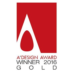 ADesign Award Gold 2016 logo featuring a modern red and white design celebrating innovation.