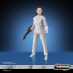 Dynamic space hero action figure in gray jumpsuit, wielding a blaster against a blue background.