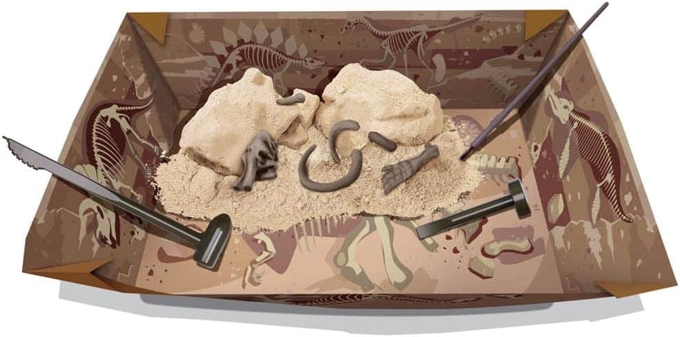 Explore fossils in a themed sandbox excavation site, highlighting paleontological discovery tools and excitement.