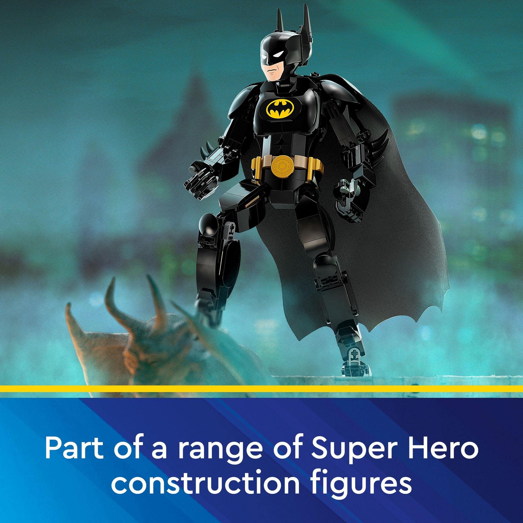 Batman construction toy figure in action pose, featuring iconic colors and Gotham City backdrop.