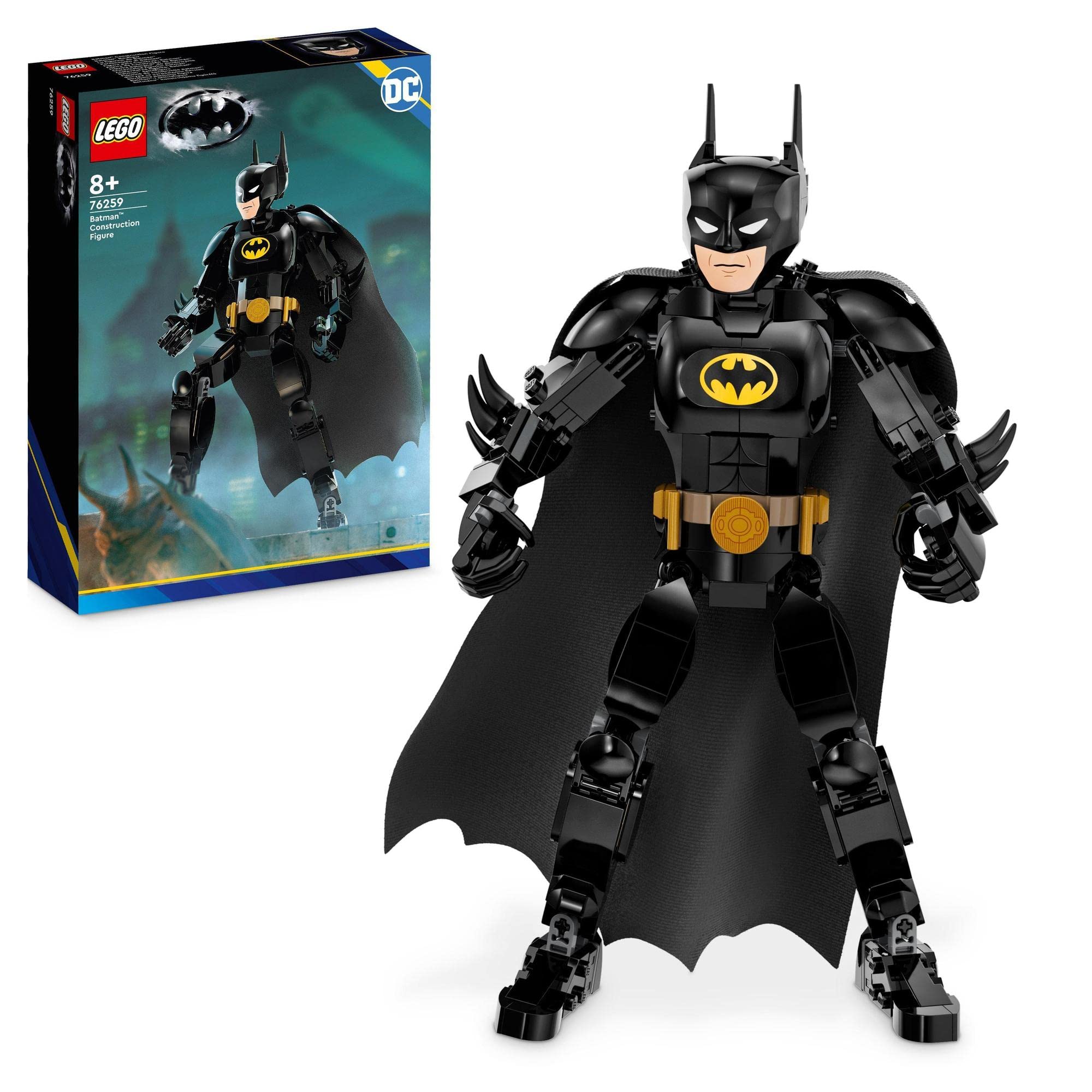 LEGO Batman figure in dynamic pose against Gotham City backdrop, perfect for play and collection.