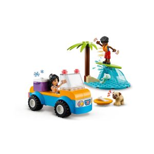 Colorful beach playset with off-road vehicle, surfing character, dog, and tropical snacks.