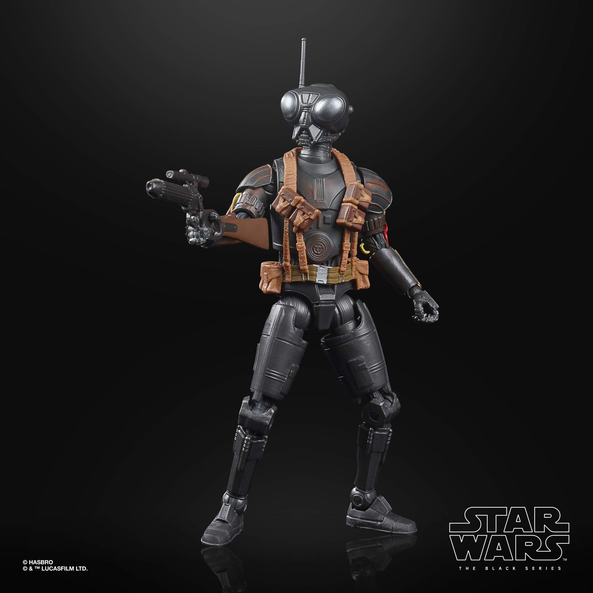 Detailed Star Wars black armored action figure in commanding pose with blaster, against sleek background.