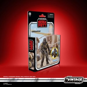 Vintage Boba Fett collectible figure packaging with iconic armor, helmet, and desert backdrop.