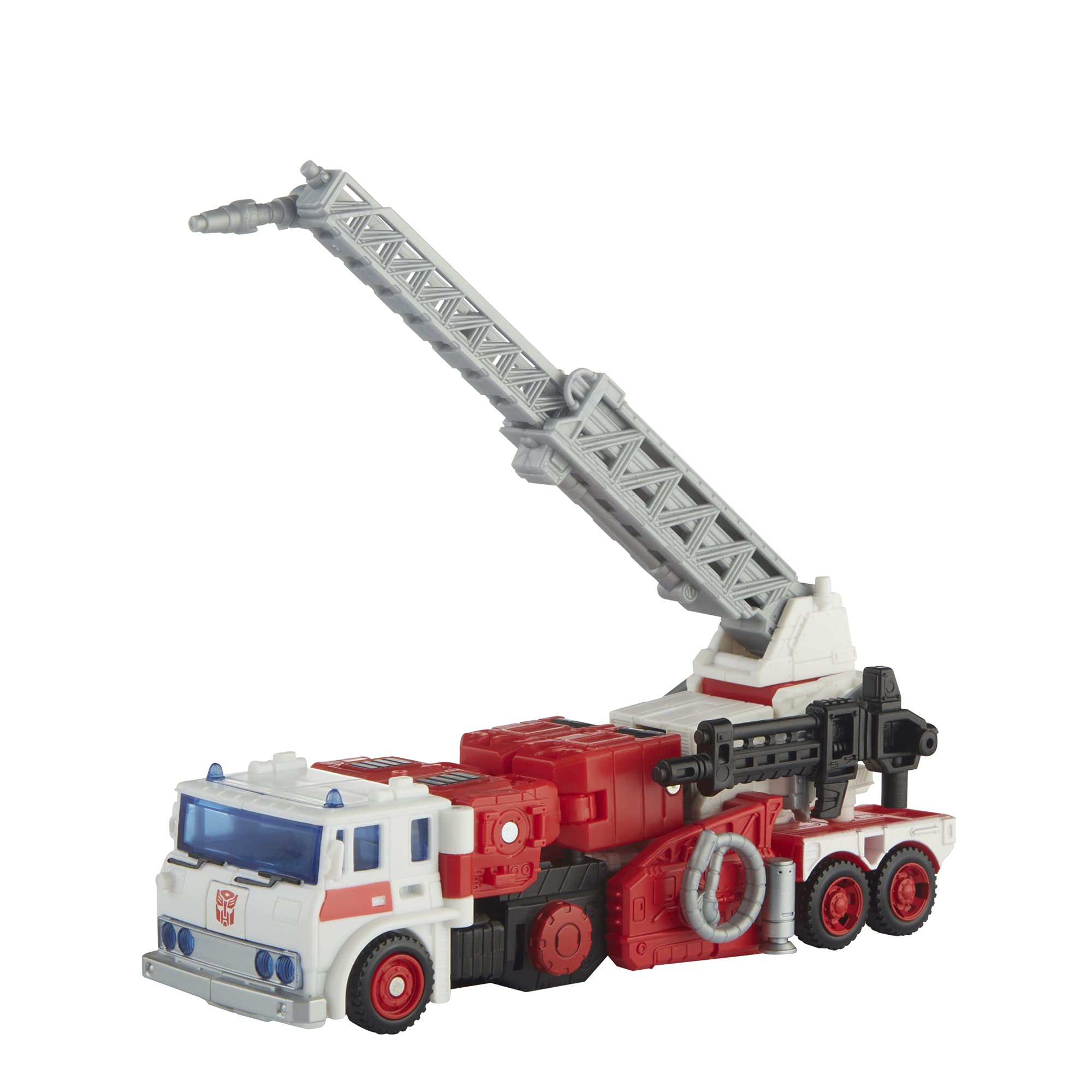 Vibrant red toy fire truck with extendable ladder, blue windshield, and realistic features for imaginative play.
