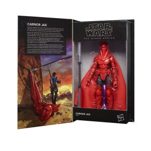 Carnor Jax action figure in red armor, elegantly packaged, perfect for Star Wars collectors.