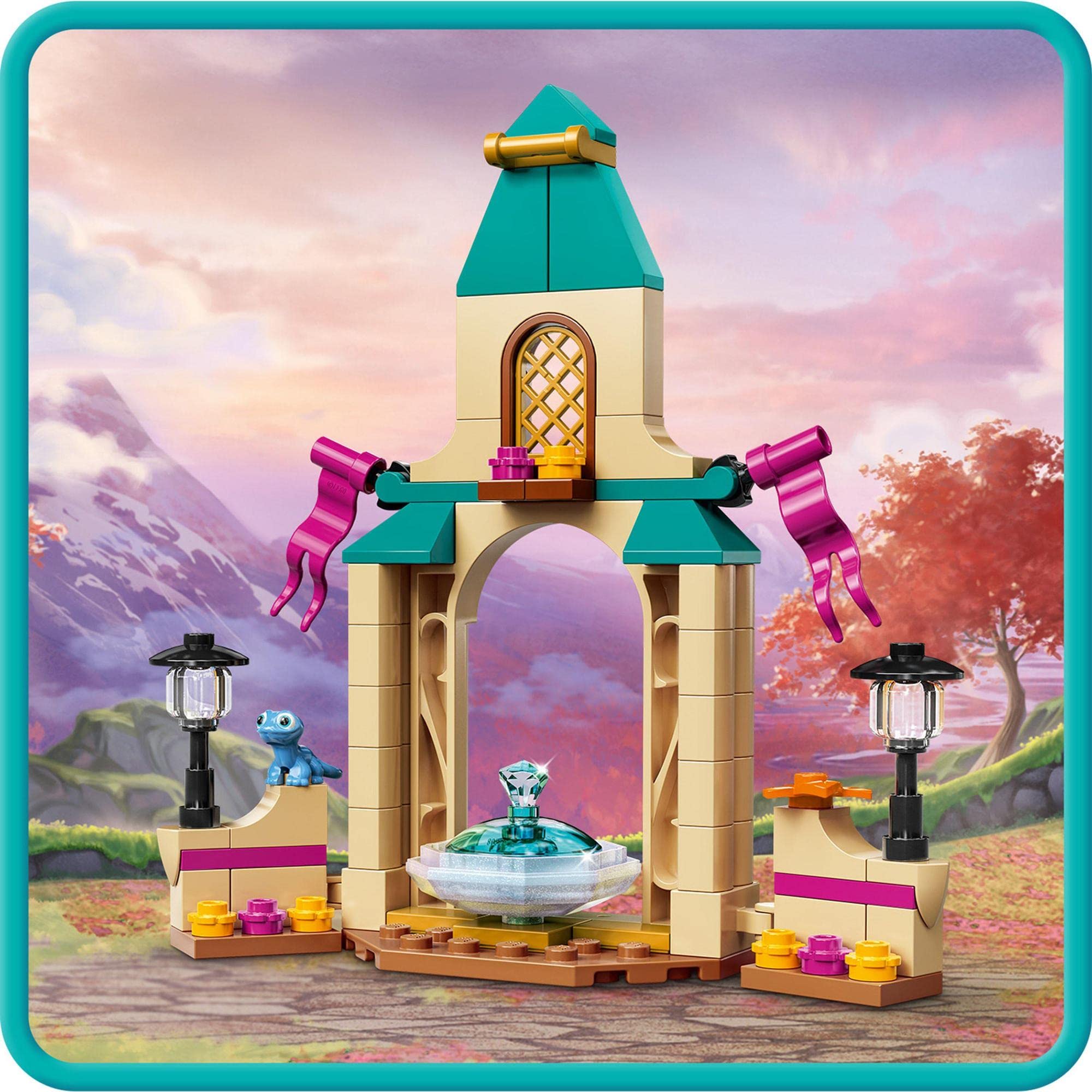 Whimsical LEGO fountain surrounded by colorful bricks, arches, and playful characters in a vibrant garden.