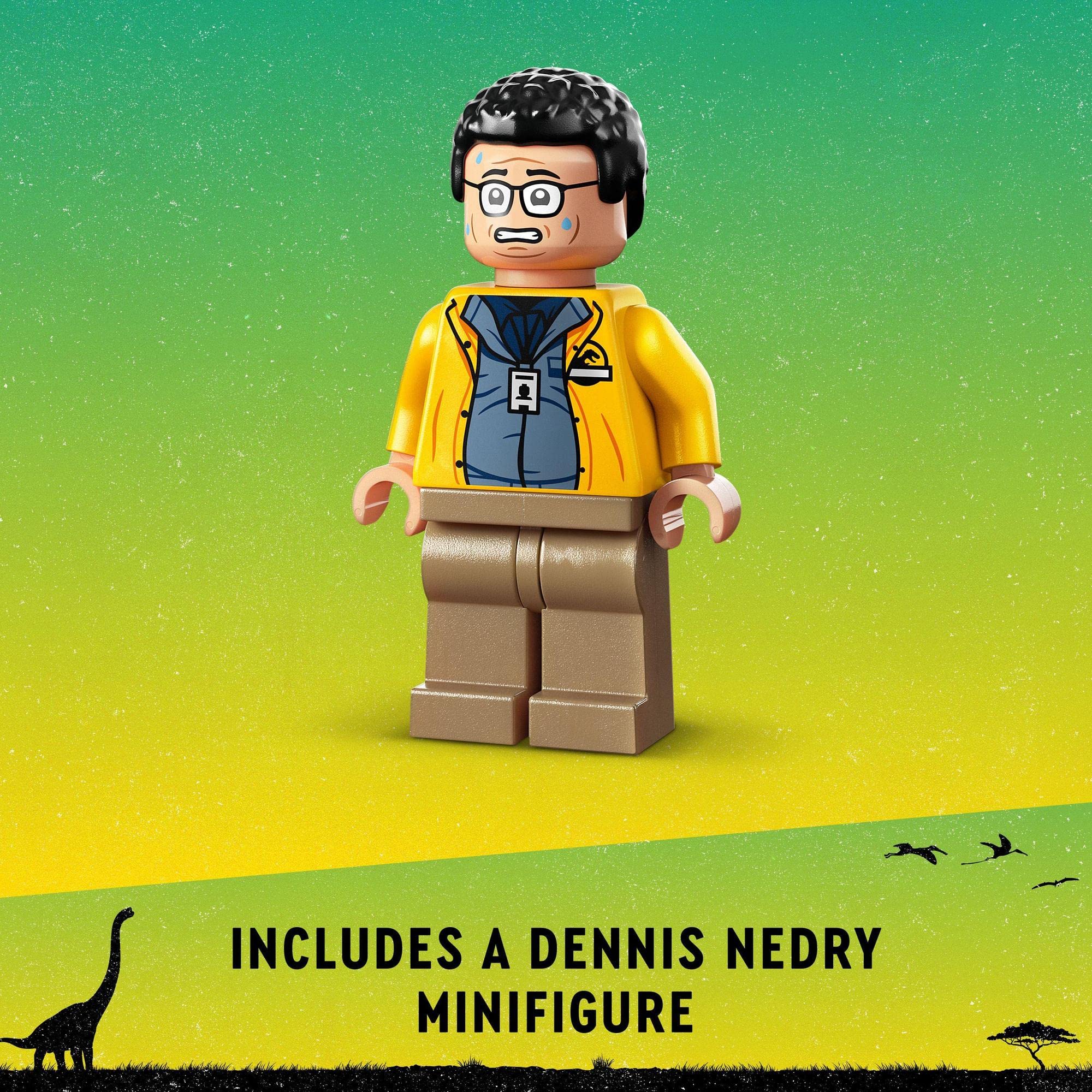 Dennis Nedry LEGO minifigure from Jurassic Park, showcasing his iconic yellow jacket and quirky expression.