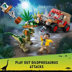 Exciting LEGO scene: Dilophosaurus confronts terrified mini-figure amidst vibrant jungle adventure.