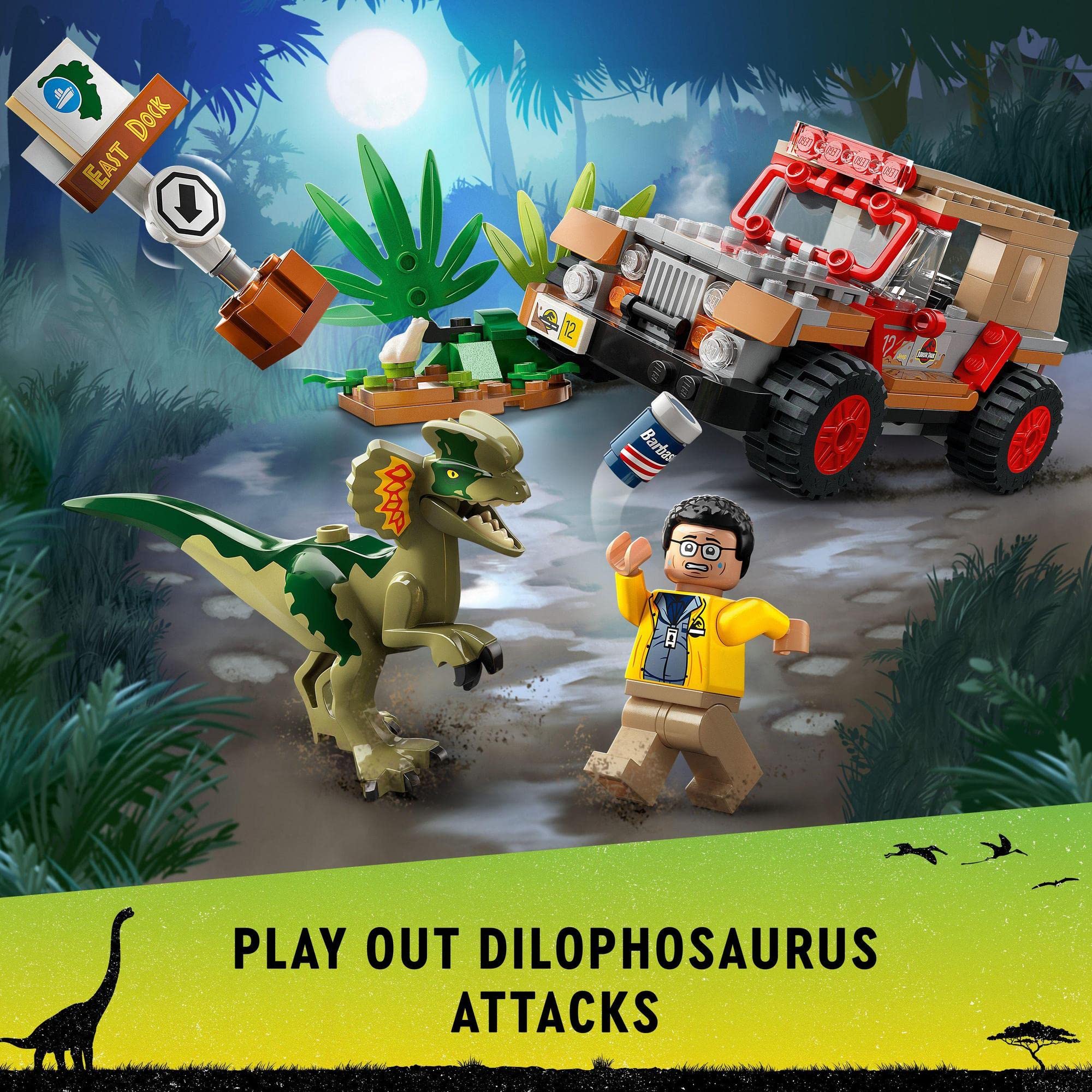 Exciting LEGO scene: Dilophosaurus confronts terrified mini-figure amidst vibrant jungle adventure.
