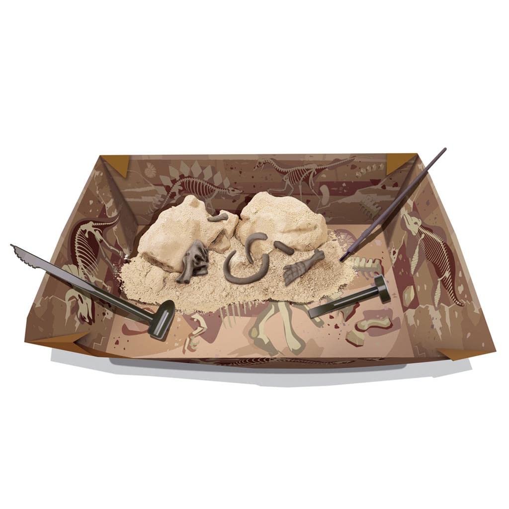 Dinosaur excavation kit with sand, tools, and fossil replicas for young paleontologists imaginative play.