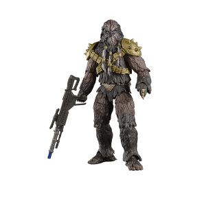 Fierce humanoid action figure in armor, wielding a futuristic weapon with glowing elements.