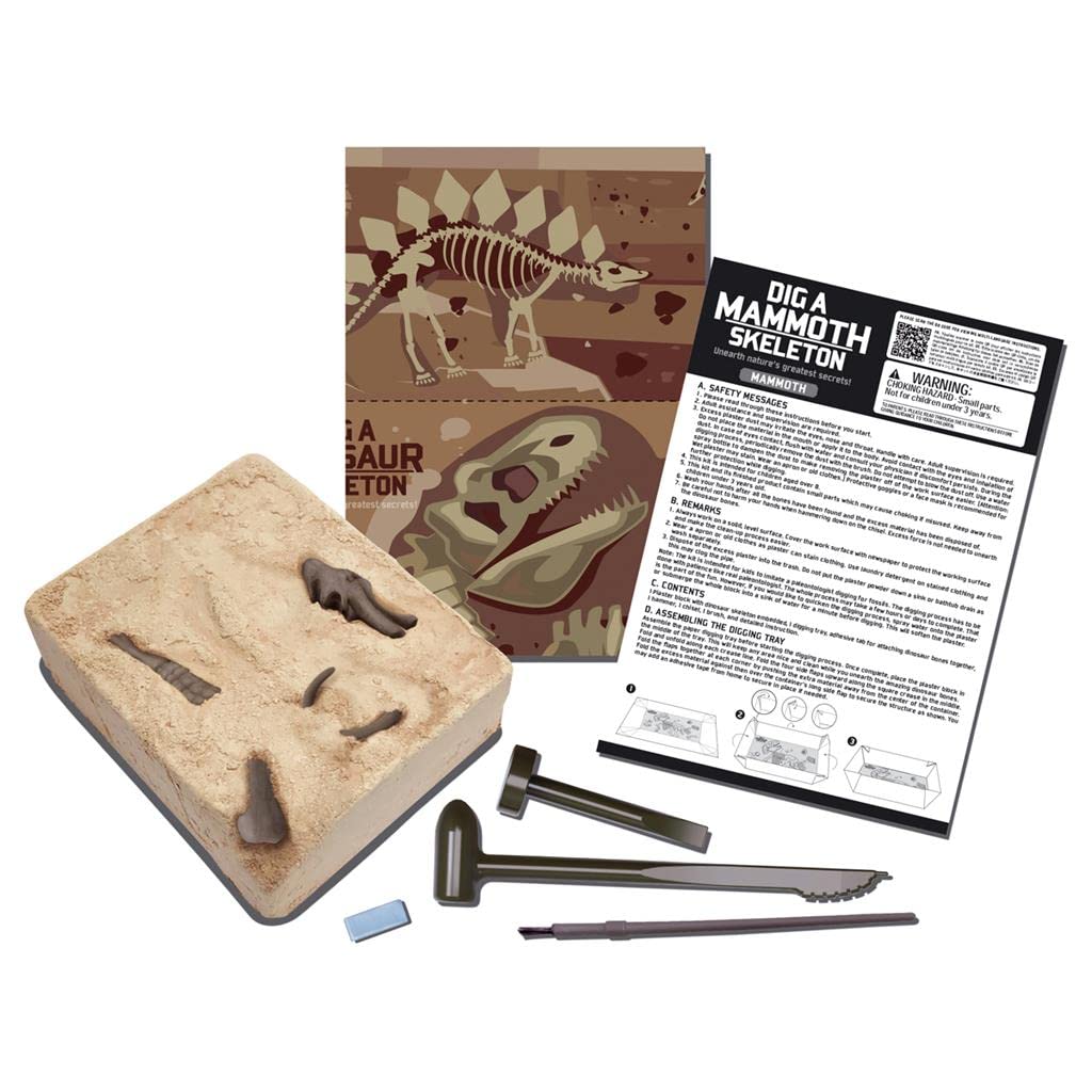 Engaging fossil excavation kit for kids, featuring tools and a mammoth skeleton discovery.