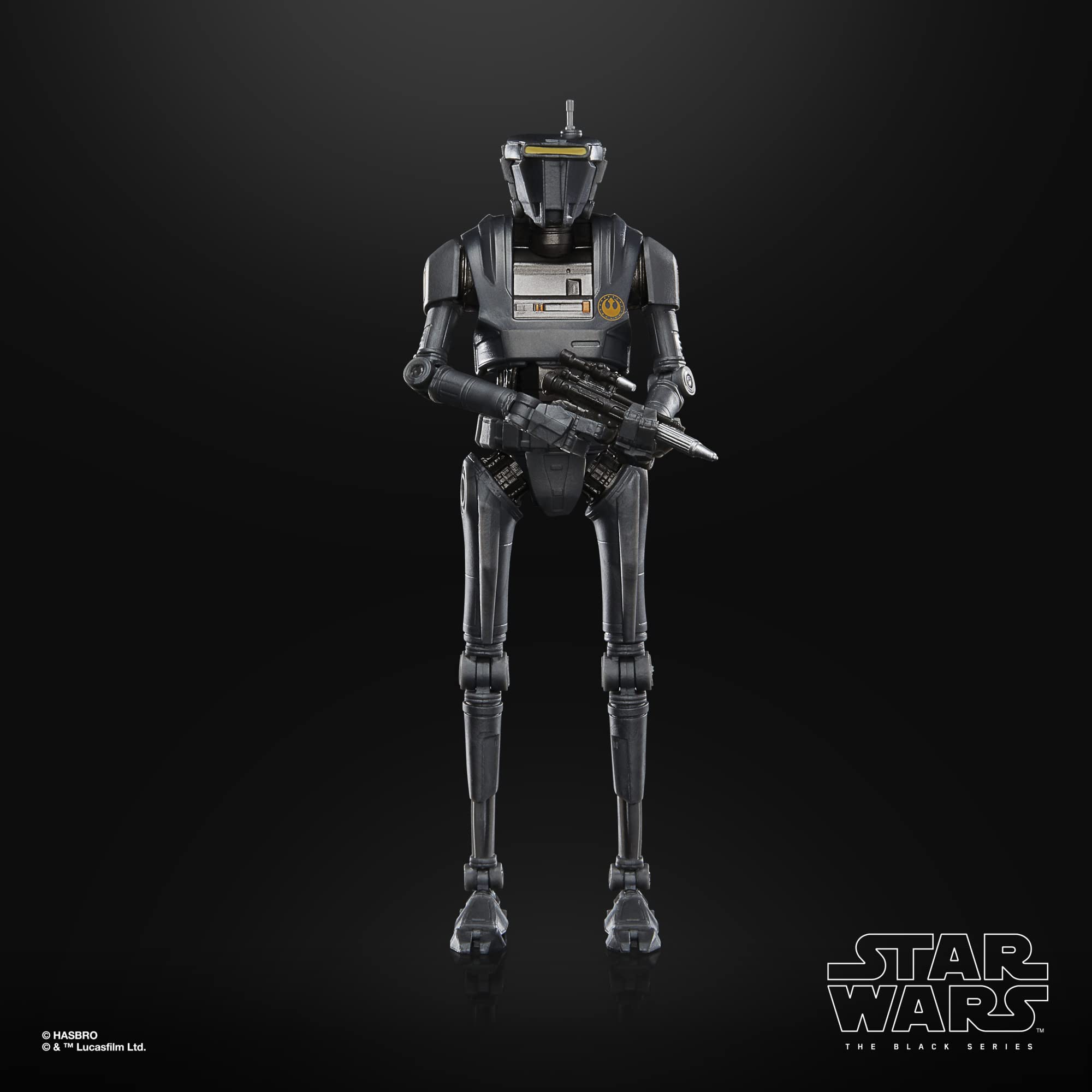 Glossy black Star Wars droid action figure with blaster, perfect for collectors and fans.