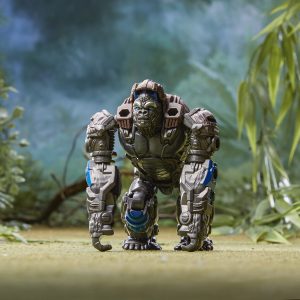 Cybernetic gorilla poised in a vibrant jungle, blending strength, technology, and nature seamlessly.