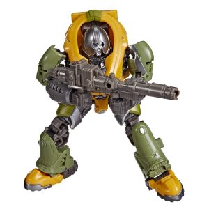 Futuristic military action figure in green and yellow, ready for action with dynamic pose.